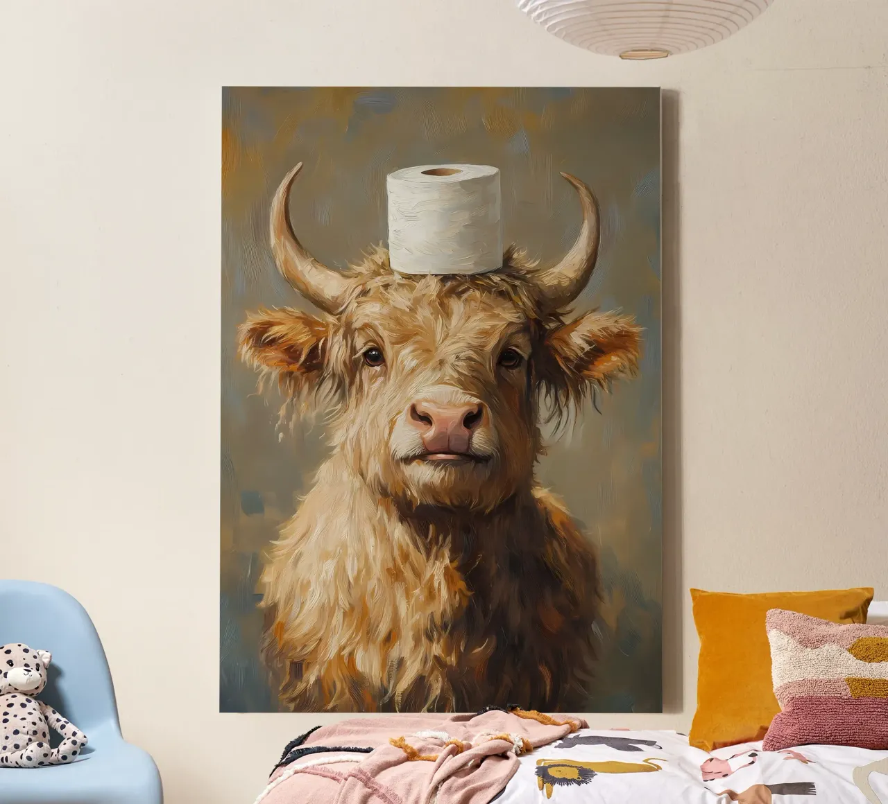 Vaca montañesa con papel higiénico lienzo con Marco flotante de Adrian Patel