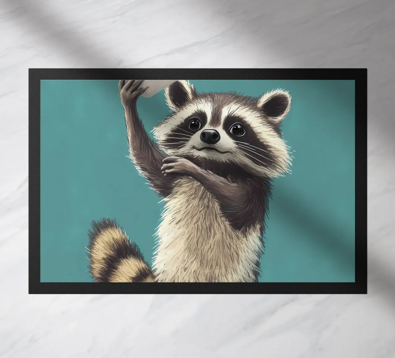 Procione con carta igienica in mano zerbino da Adrian Patel