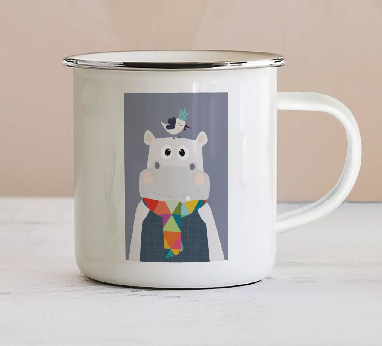 Hugo e l'uccello felice tazza in smalto da JaySan Studio