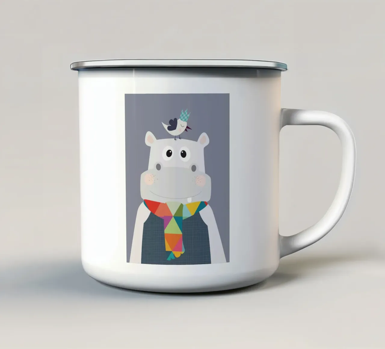 Hugo y el pájaro feliz taza de esmalte de JaySan Studio