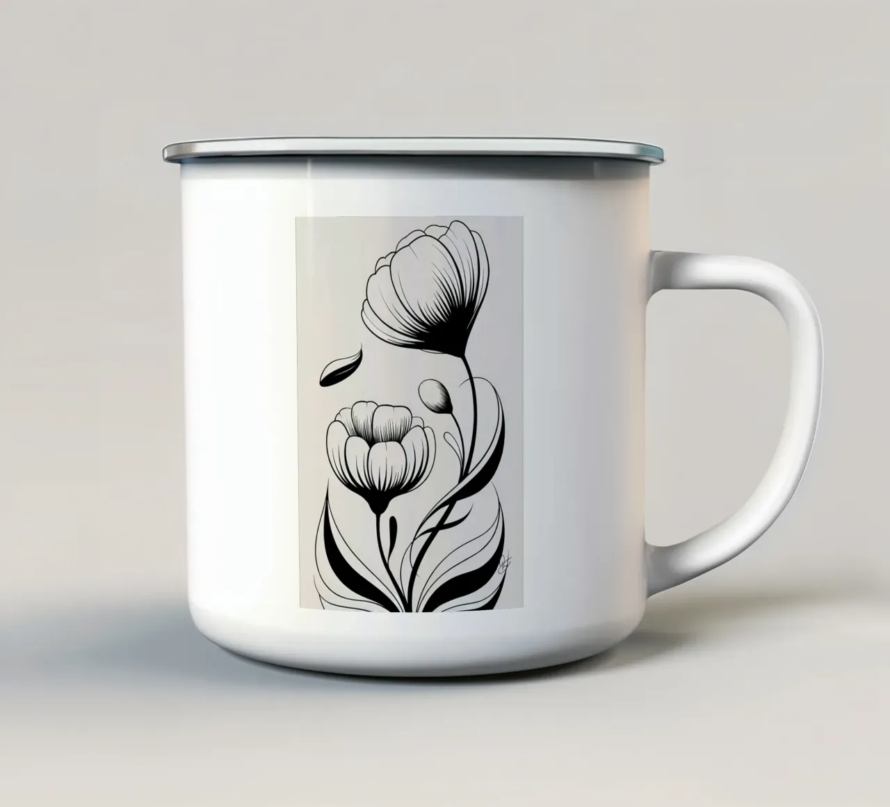Illustrazione floreale in bianco e nero tazza in smalto da Nicholas Campbell