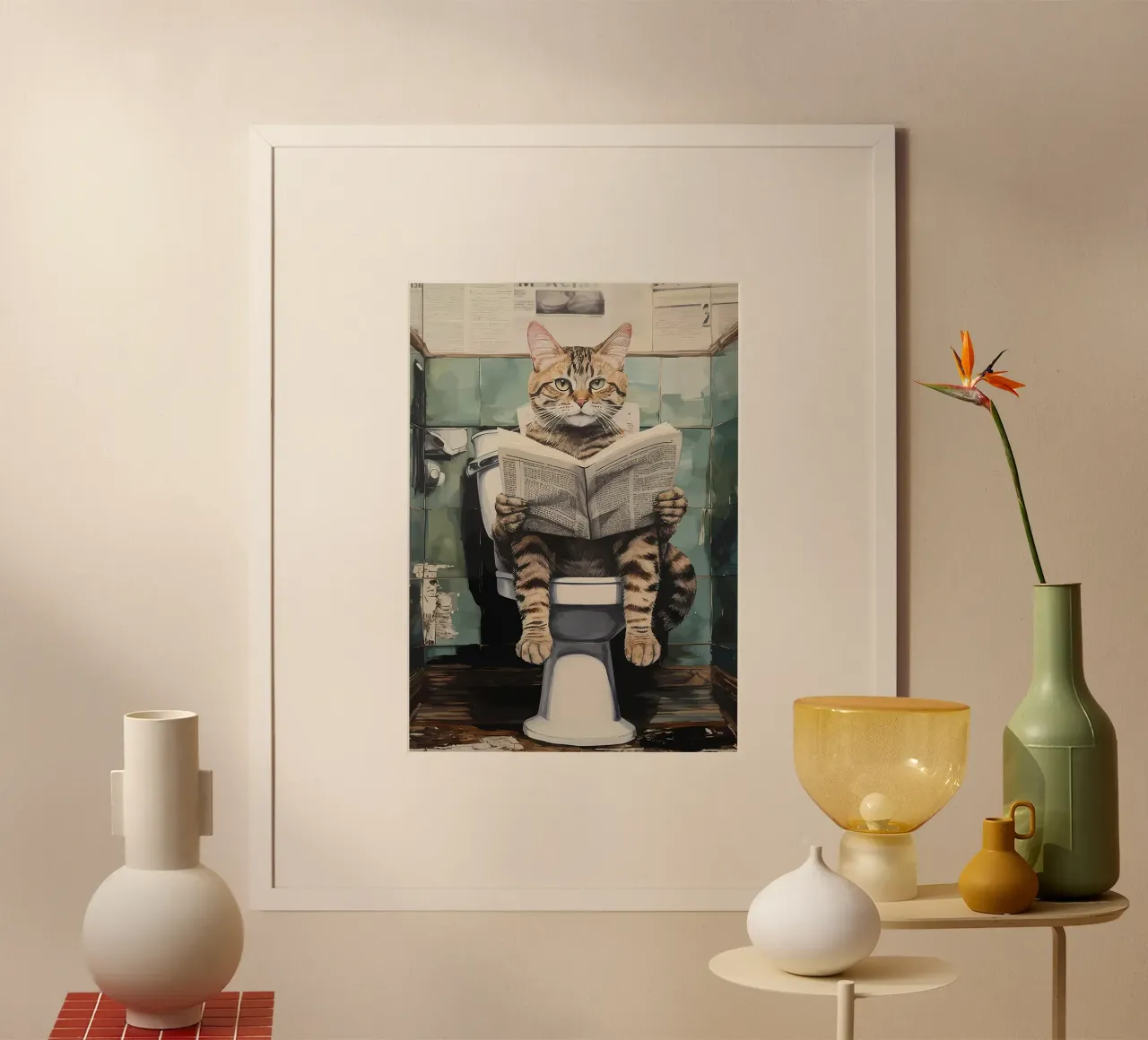 Funny Bathroom Cat poster with aluminum frame by Adrian Patel