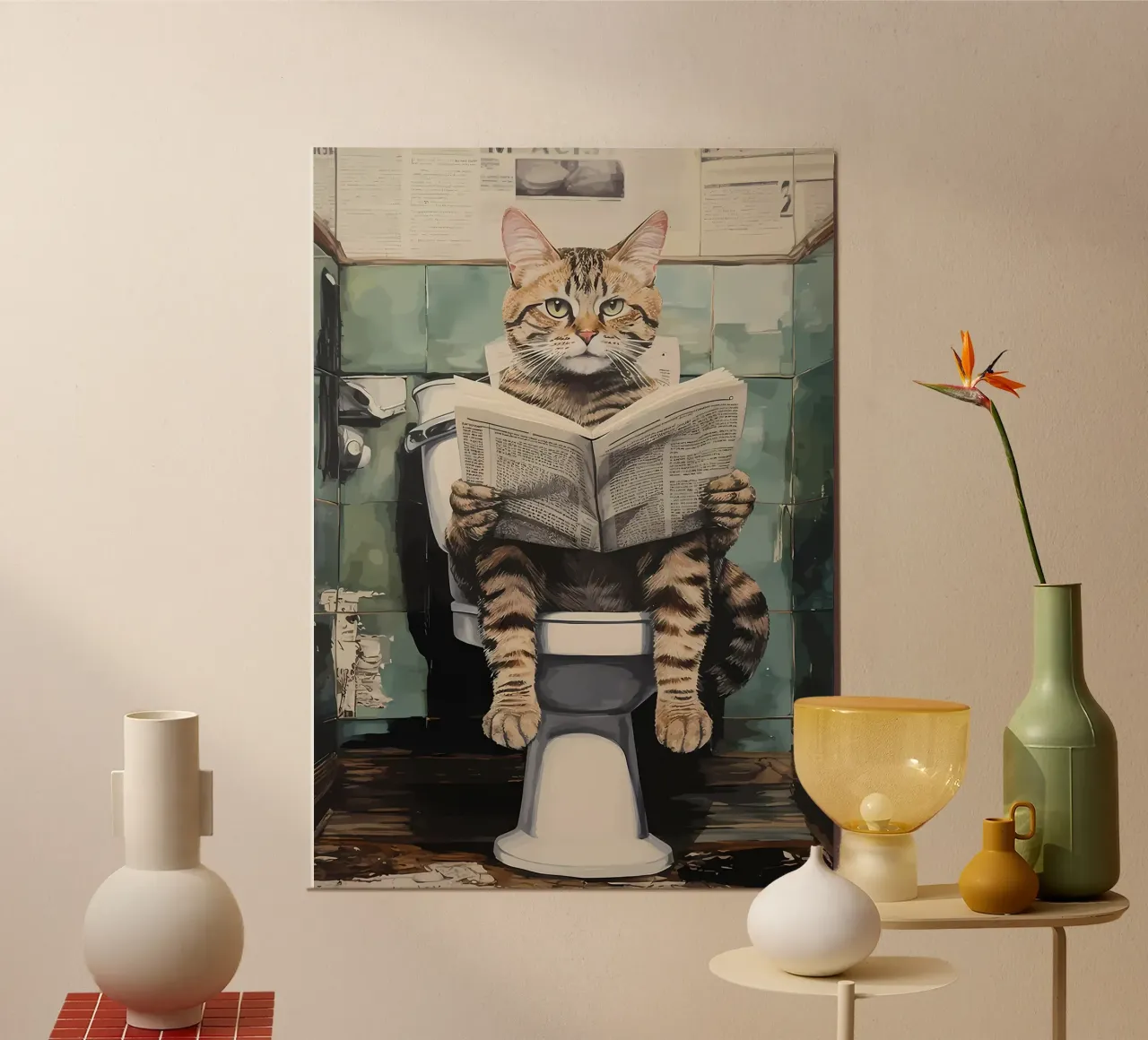 Funny Bathroom Cat poster with aluminum frame by Adrian Patel