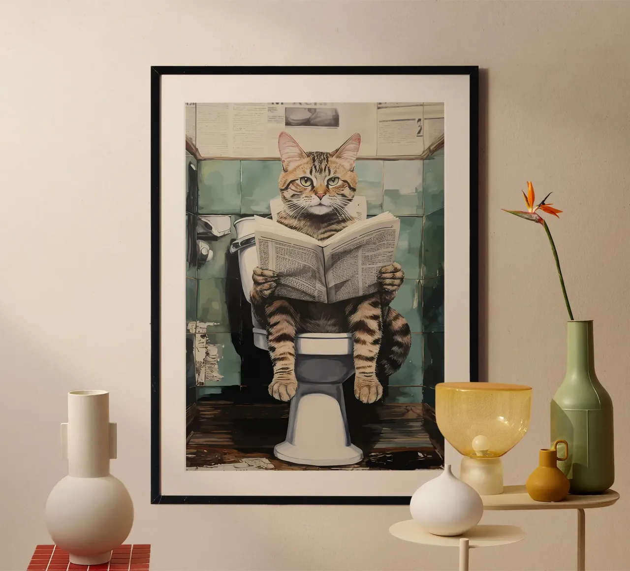 Funny Bathroom Cat poster with aluminum frame by Adrian Patel