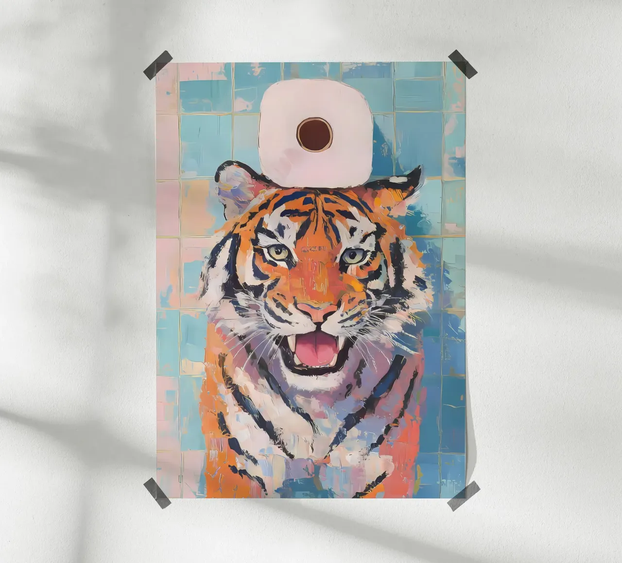 Tigre con carta igienica poster con telaio in alluminio da Adrian Patel