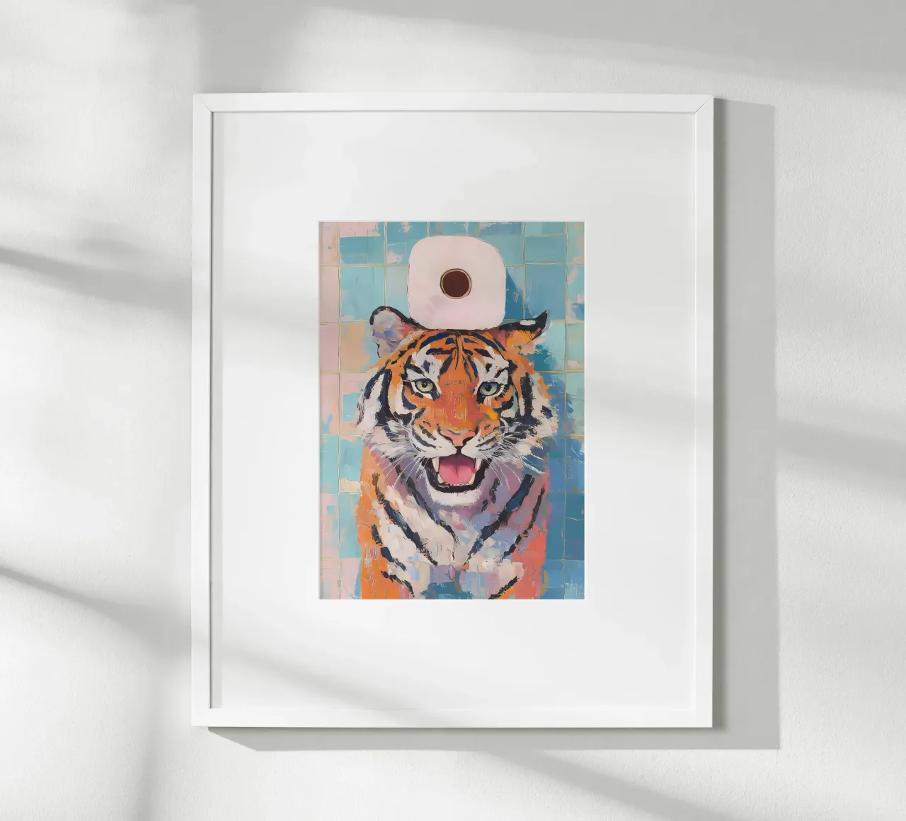 Tigre con carta igienica poster con telaio in alluminio da Adrian Patel