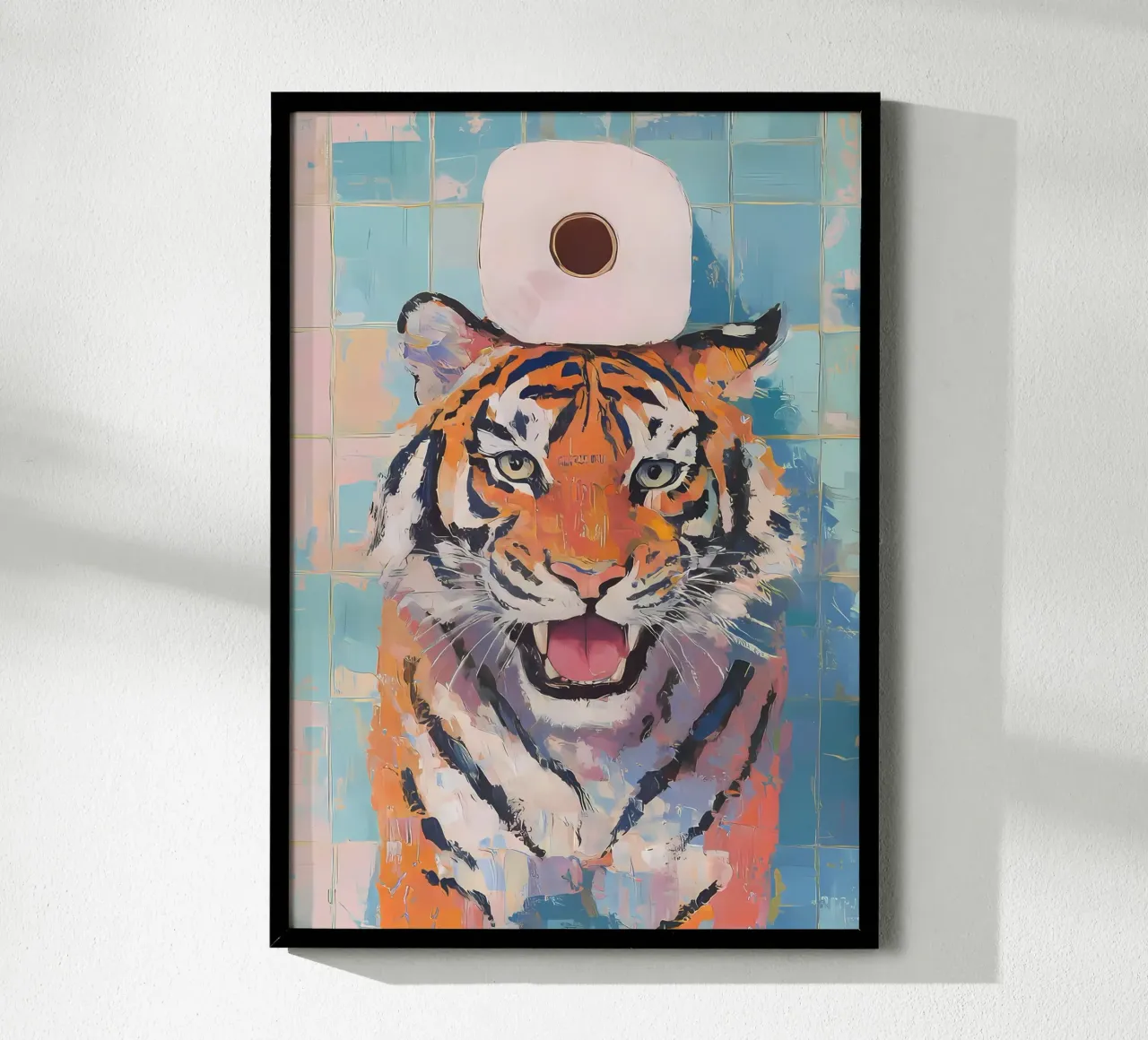 Tigre con carta igienica poster con telaio in alluminio da Adrian Patel