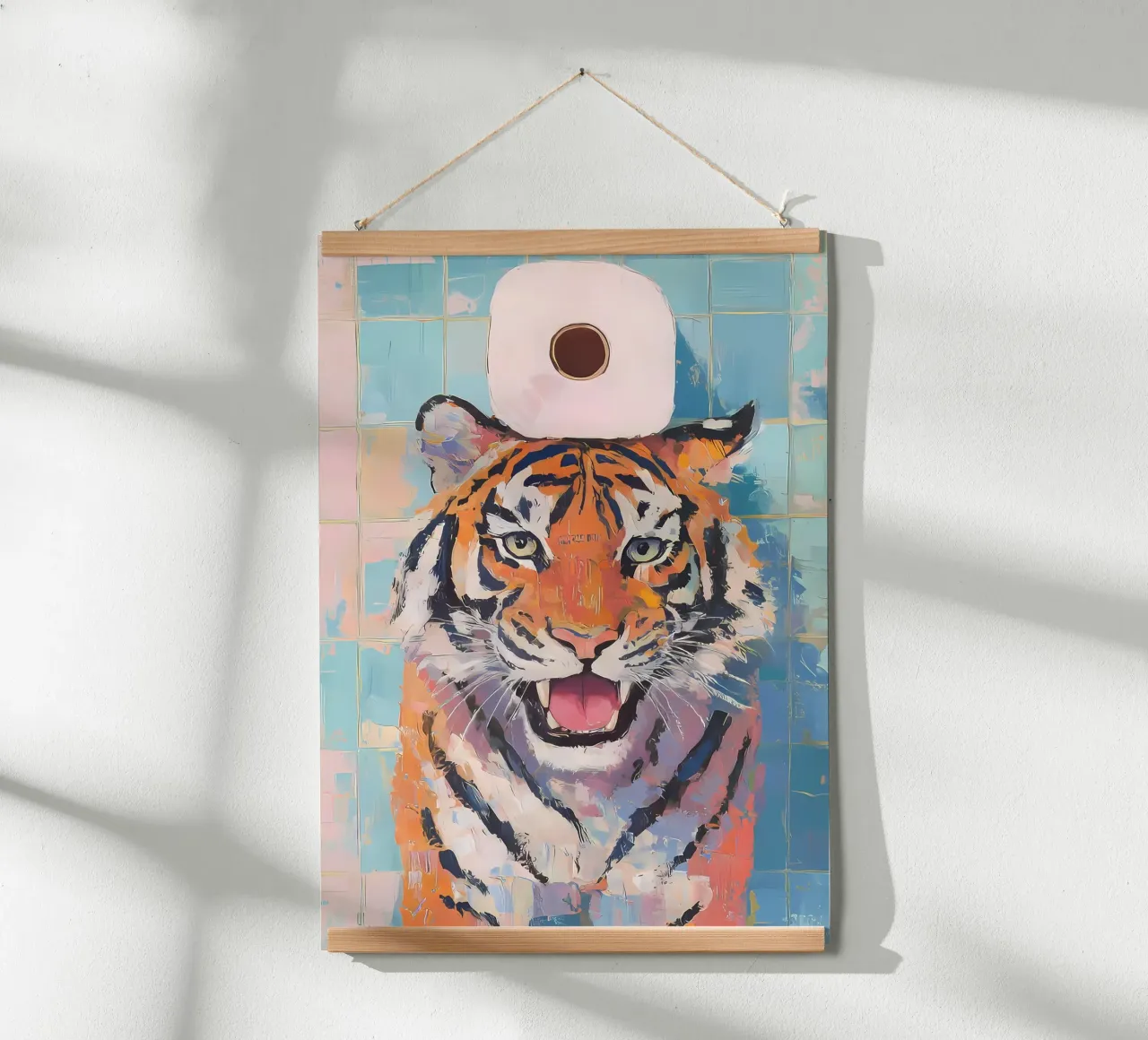 Tigre con carta igienica poster con telaio in alluminio da Adrian Patel