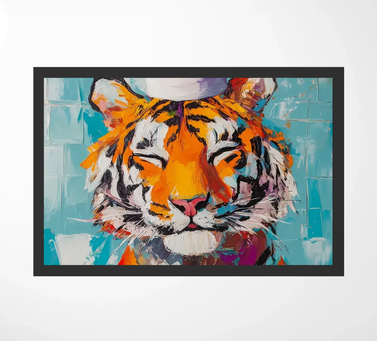 Tiger with Toilet Paper Hat doormat by Adrian Patel