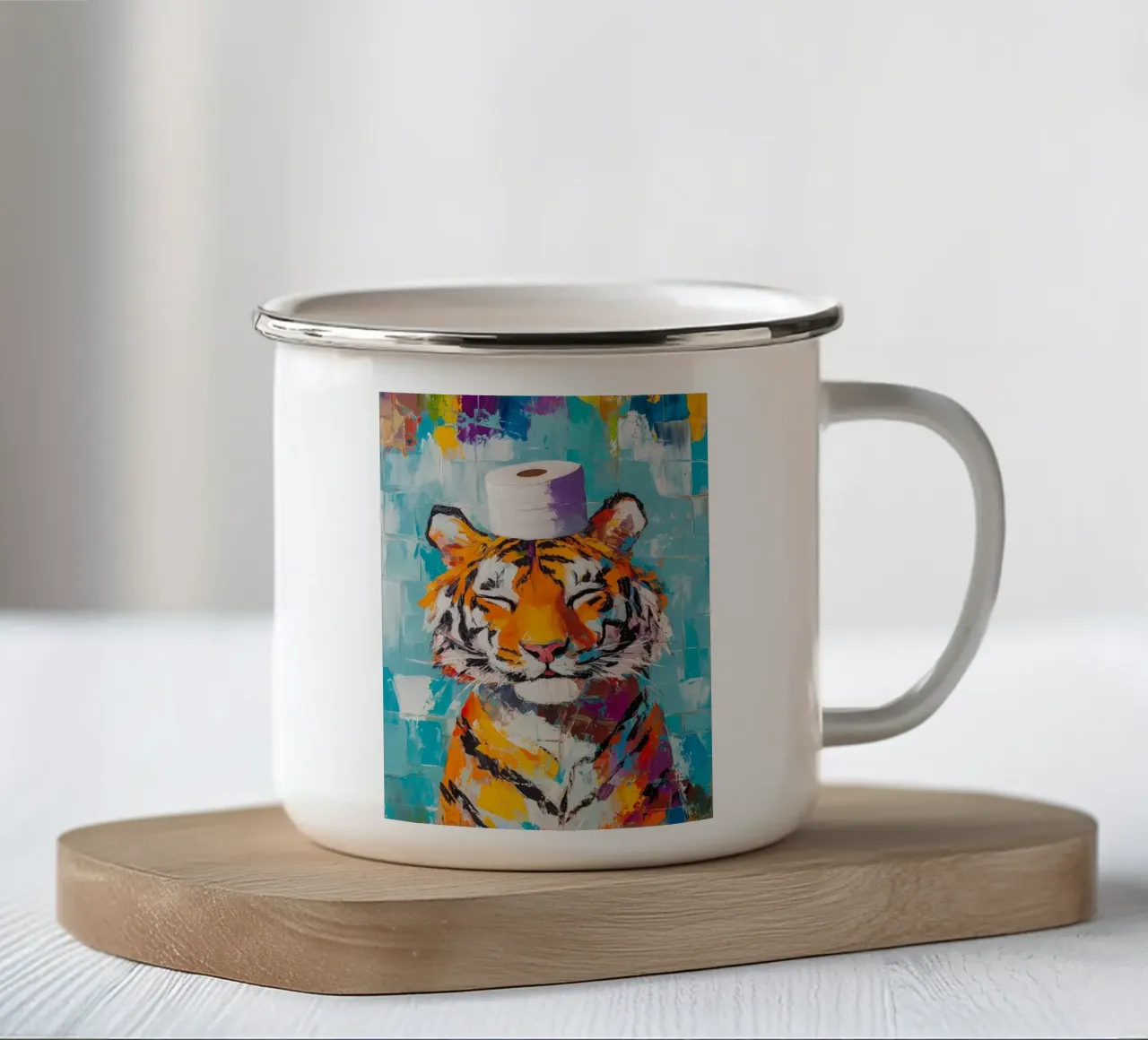 Tigre con cappello di carta igienica tazza in smalto da Adrian Patel