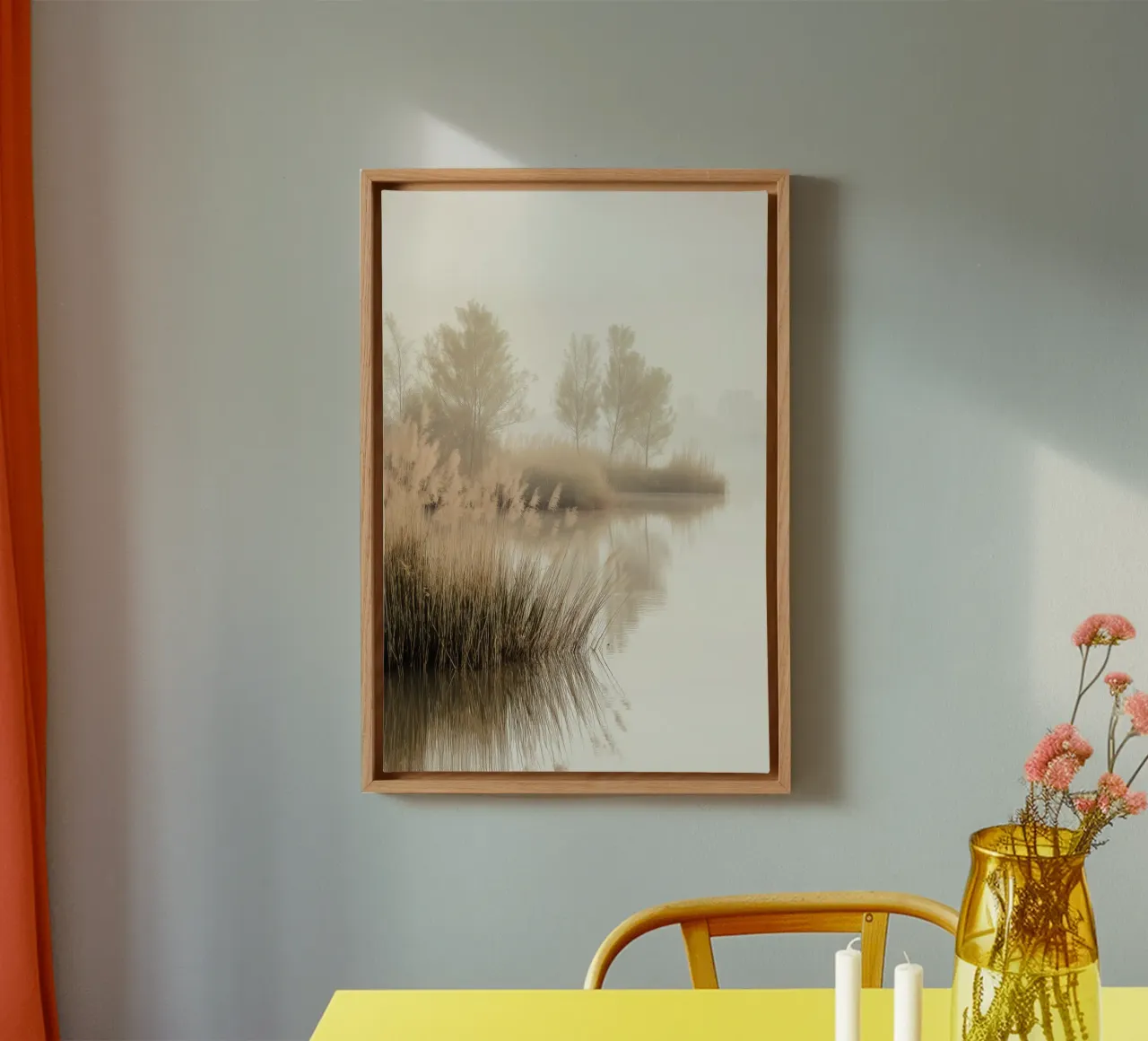 Nevelig meer canvas met Baklijst van Indigo Tides Art