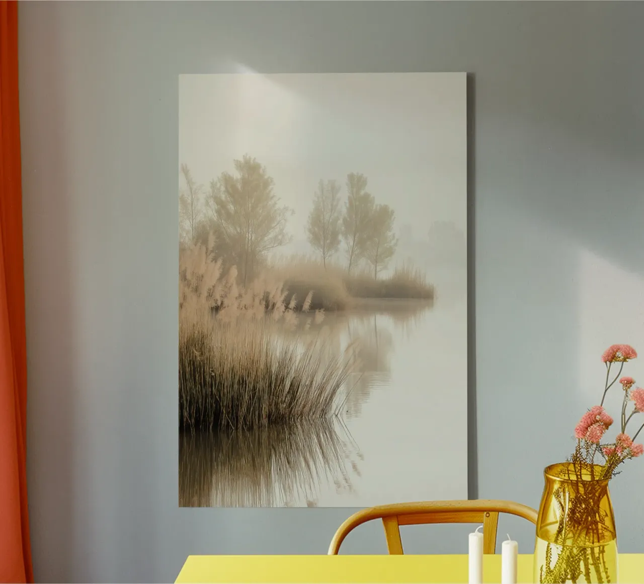 Nevelig meer canvas met Baklijst van Indigo Tides Art
