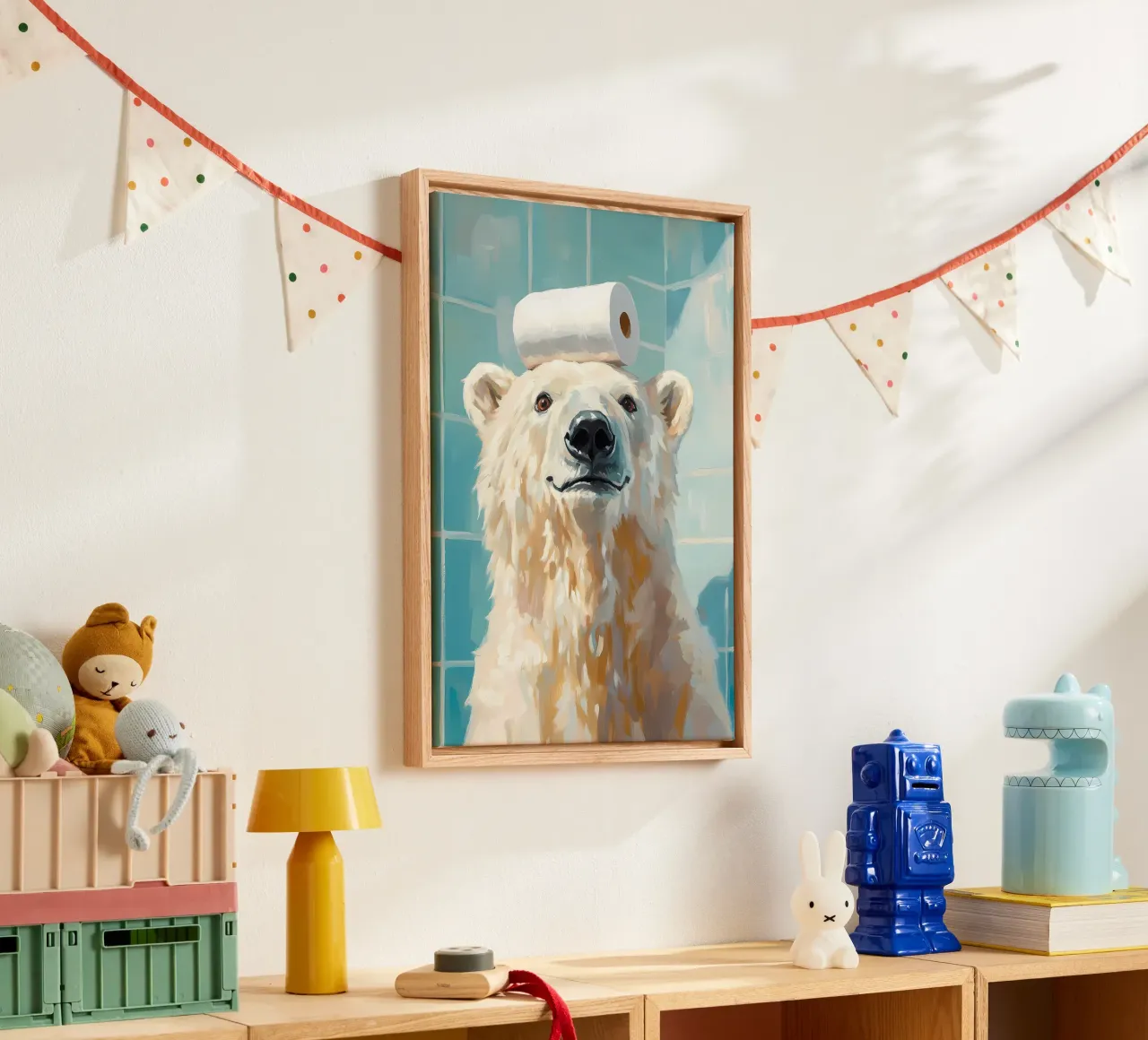 Eisbär mit Toilettenpapier Leinwand mit Schattenfugenrahmen von Adrian Patel