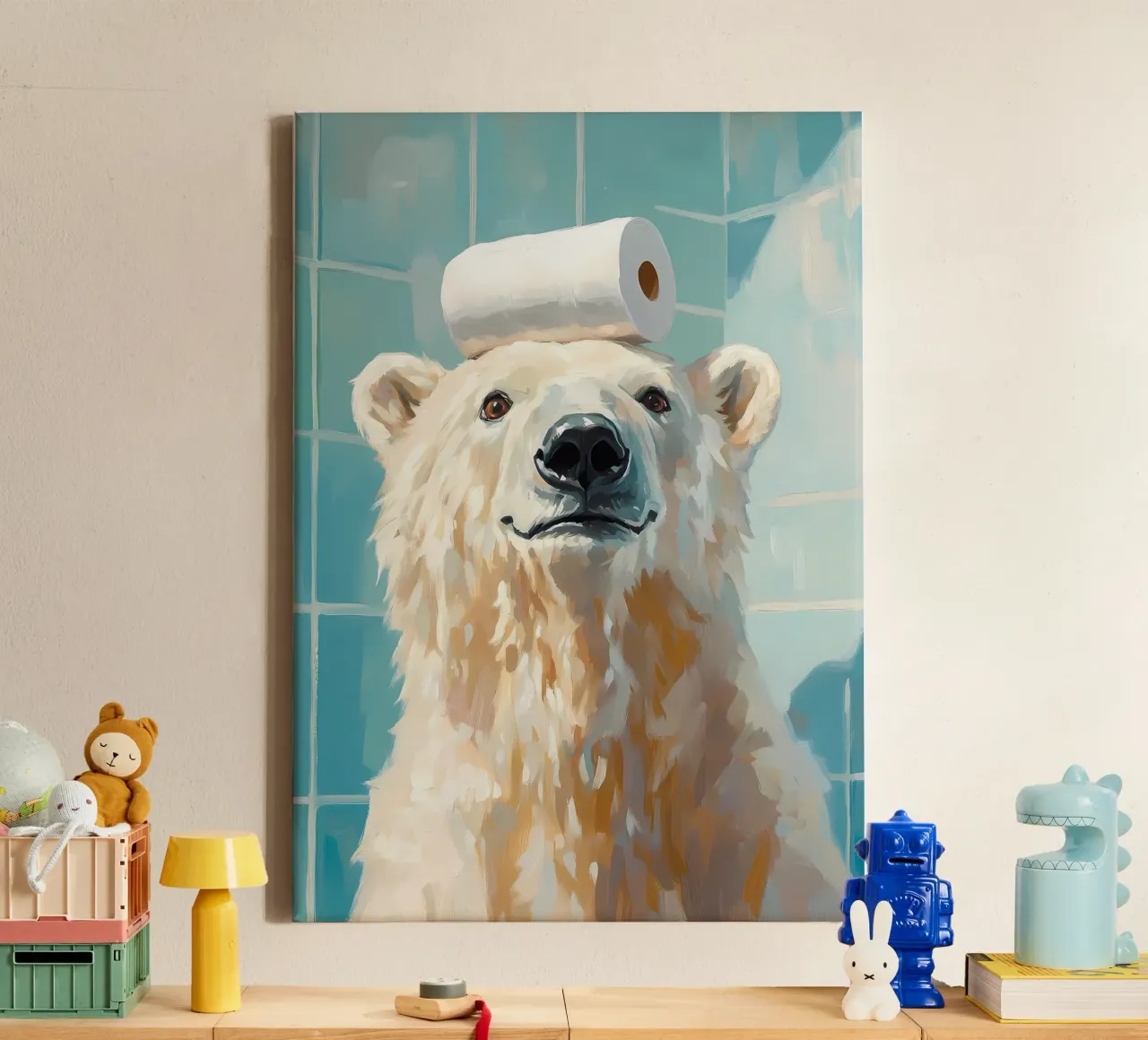 Eisbär mit Toilettenpapier Leinwand mit Schattenfugenrahmen von Adrian Patel