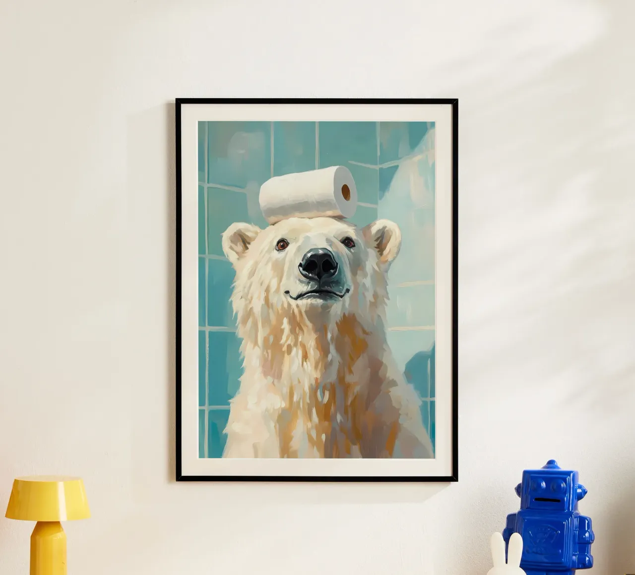 Orso polare con carta igienica poster con telaio in alluminio da Adrian Patel