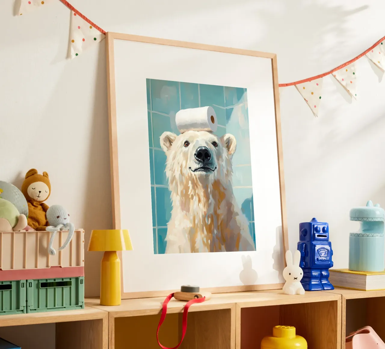 Orso polare con carta igienica poster con telaio in alluminio da Adrian Patel