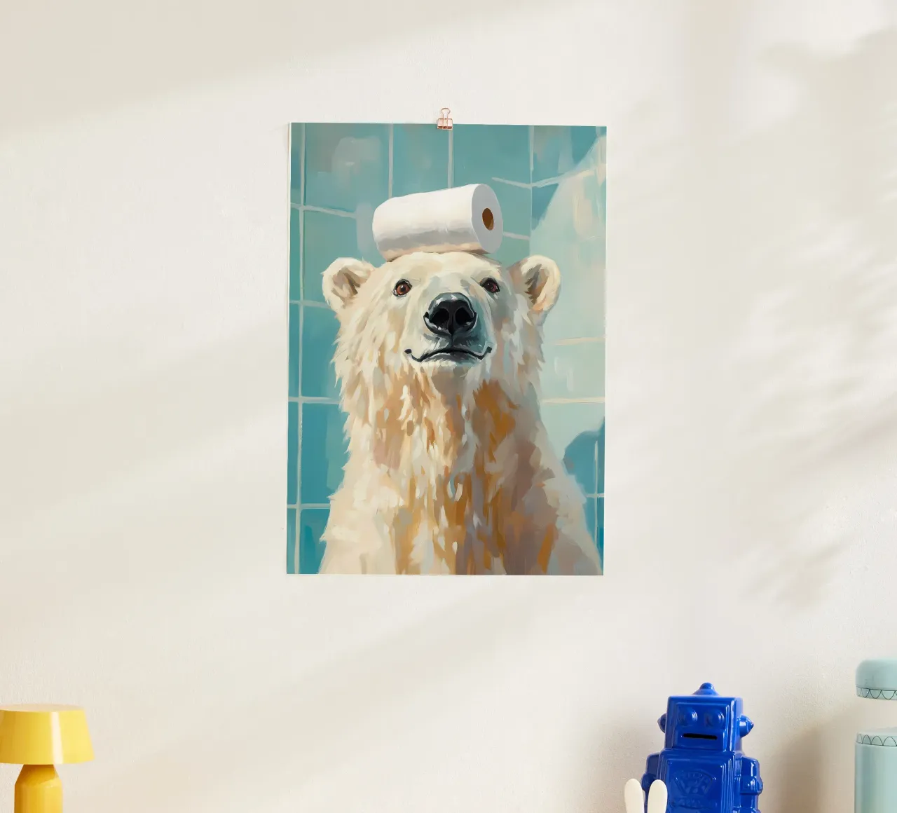 Orso polare con carta igienica poster con telaio in alluminio da Adrian Patel