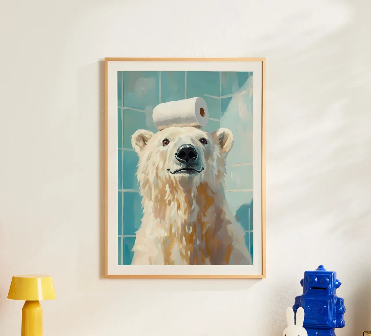 Orso polare con carta igienica poster con telaio in alluminio da Adrian Patel