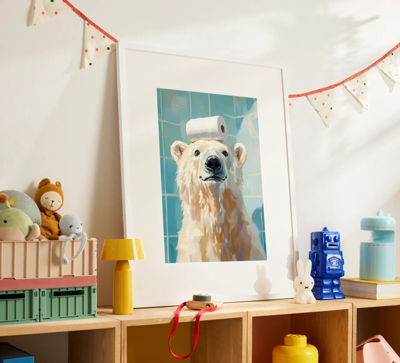 Orso polare con carta igienica poster con telaio in alluminio da Adrian Patel
