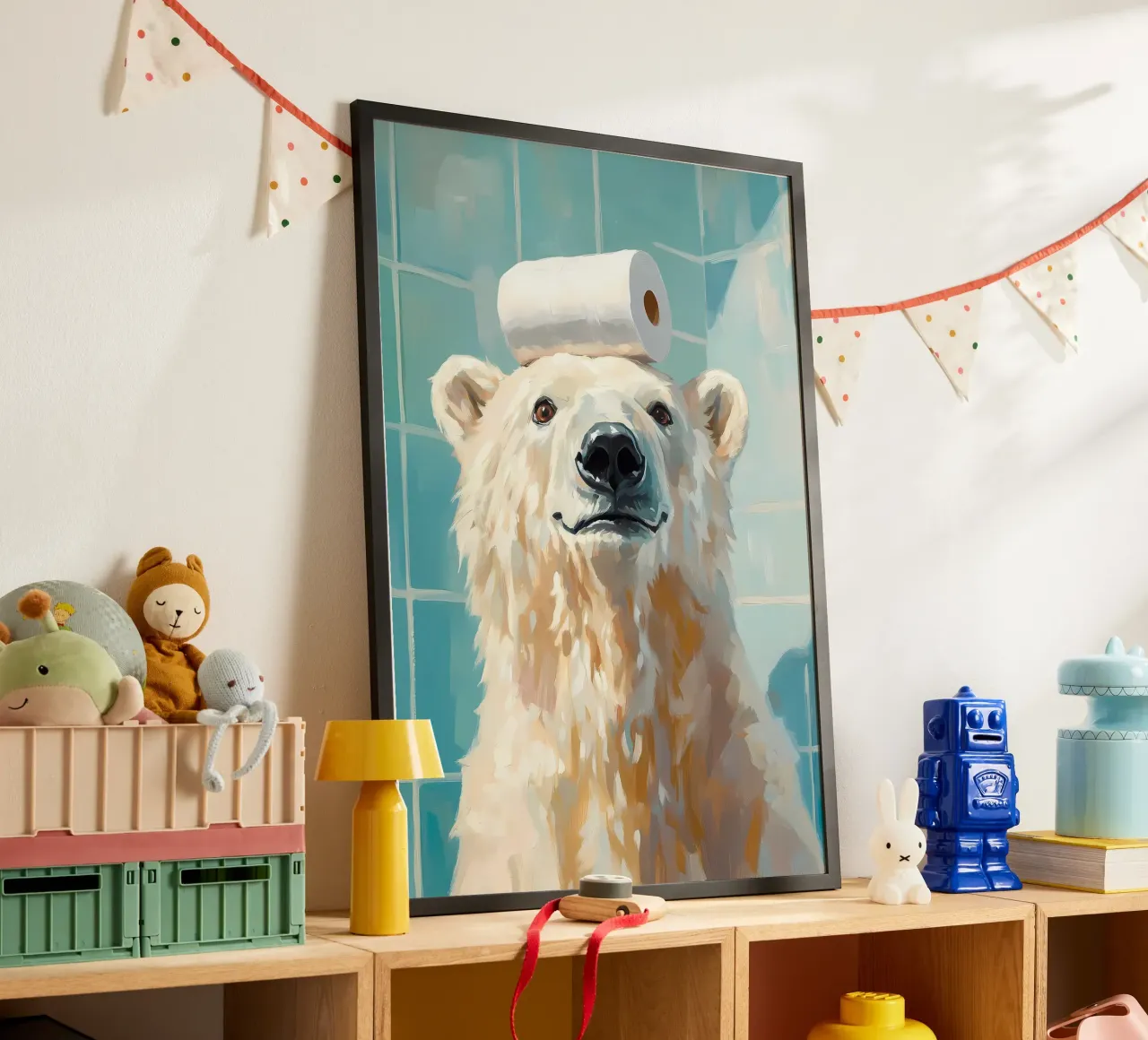Orso polare con carta igienica poster con telaio in alluminio da Adrian Patel