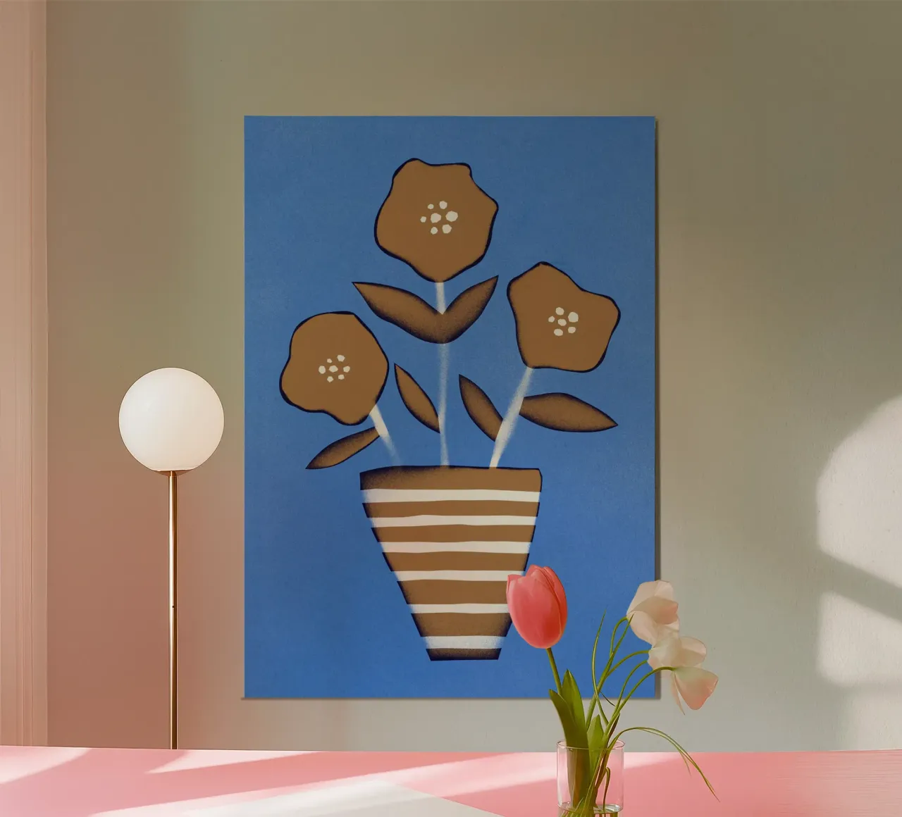 Fiori e strisce / Blu e marrone poster con telaio in alluminio da Alisa Galitsyna