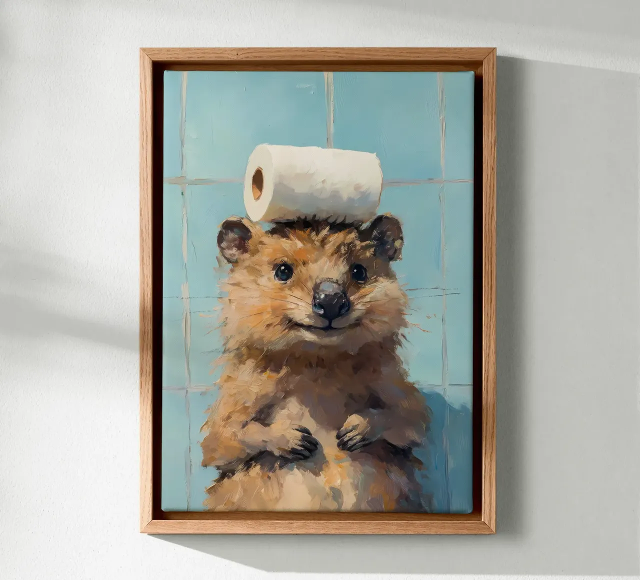 Quokka con papel higiénico lienzo con Marco flotante de Adrian Patel