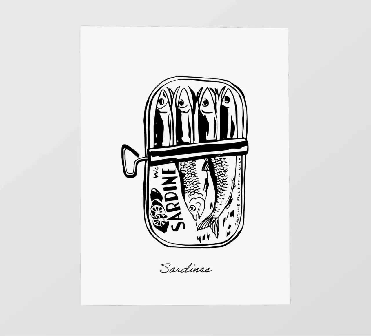 Sardine in scatola, disegno in bianco e nero pellicola backlit da Peaches Art Prints