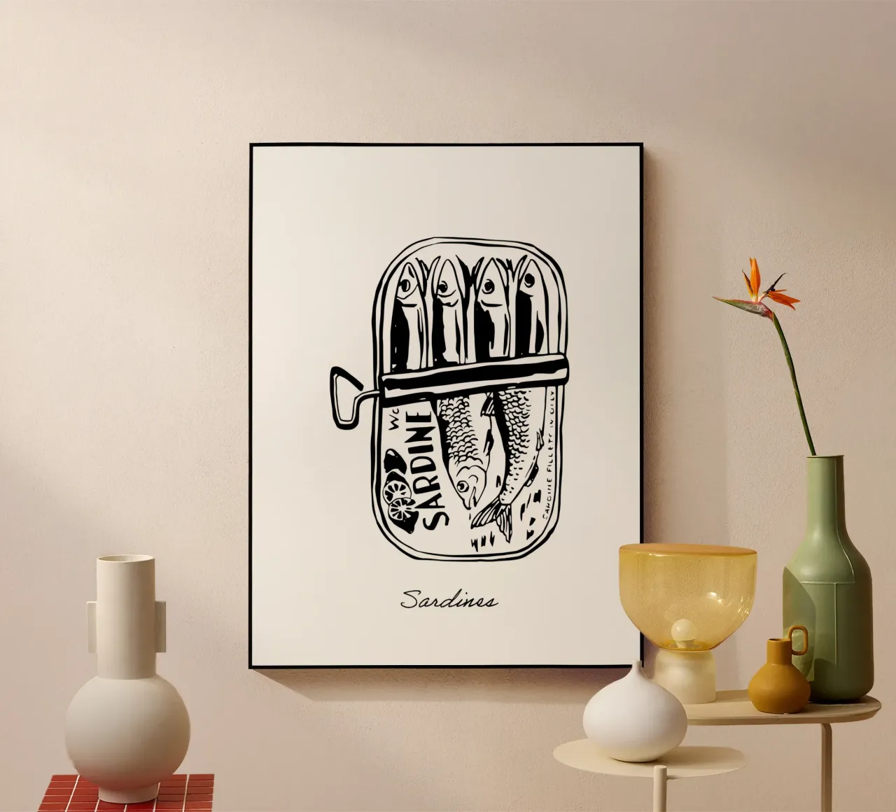 Sardinas en conserva, dibujo en blanco y negro metacrilato de Peaches Art Prints