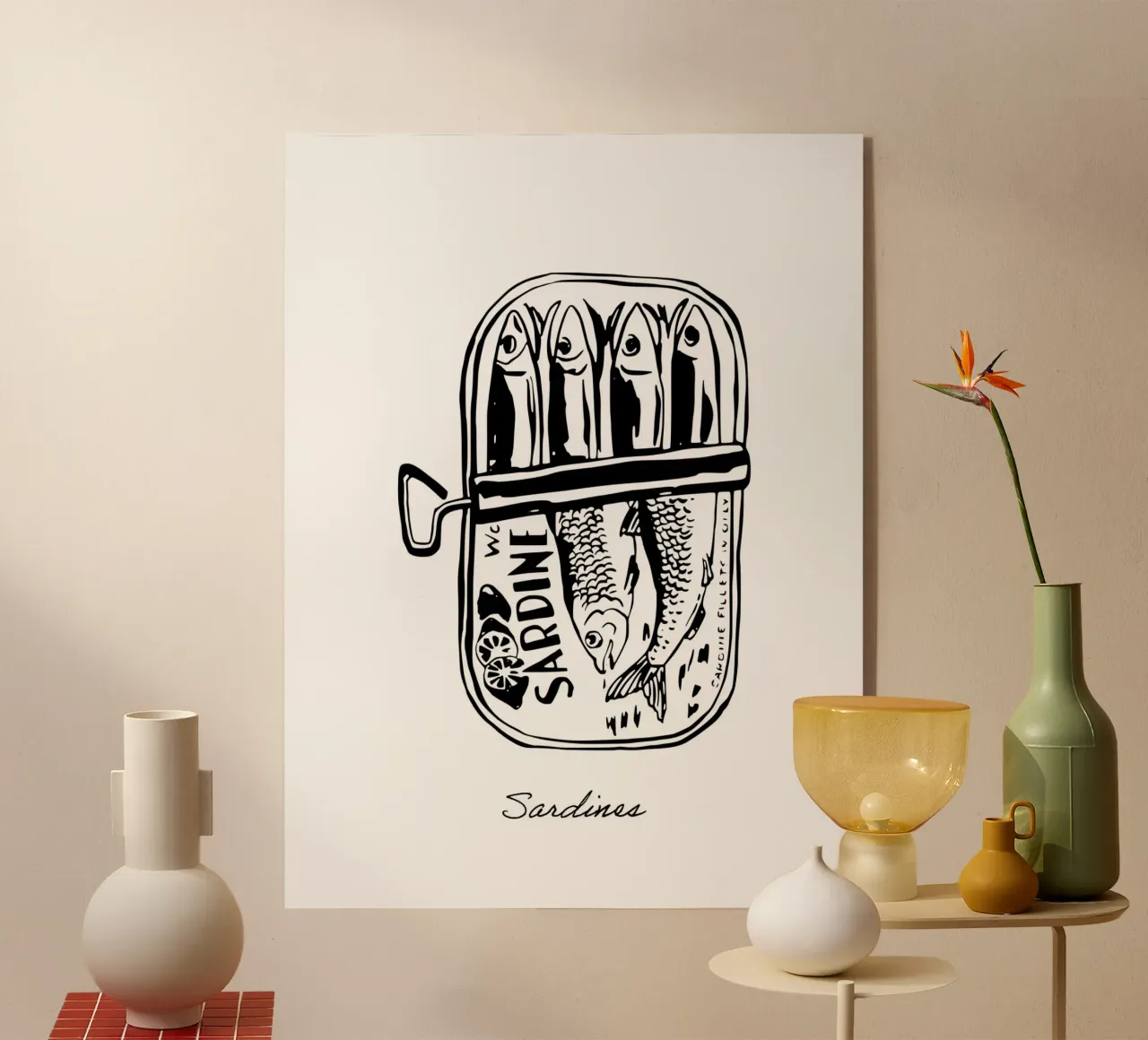 Sardinas en conserva, dibujo en blanco y negro metacrilato de Peaches Art Prints