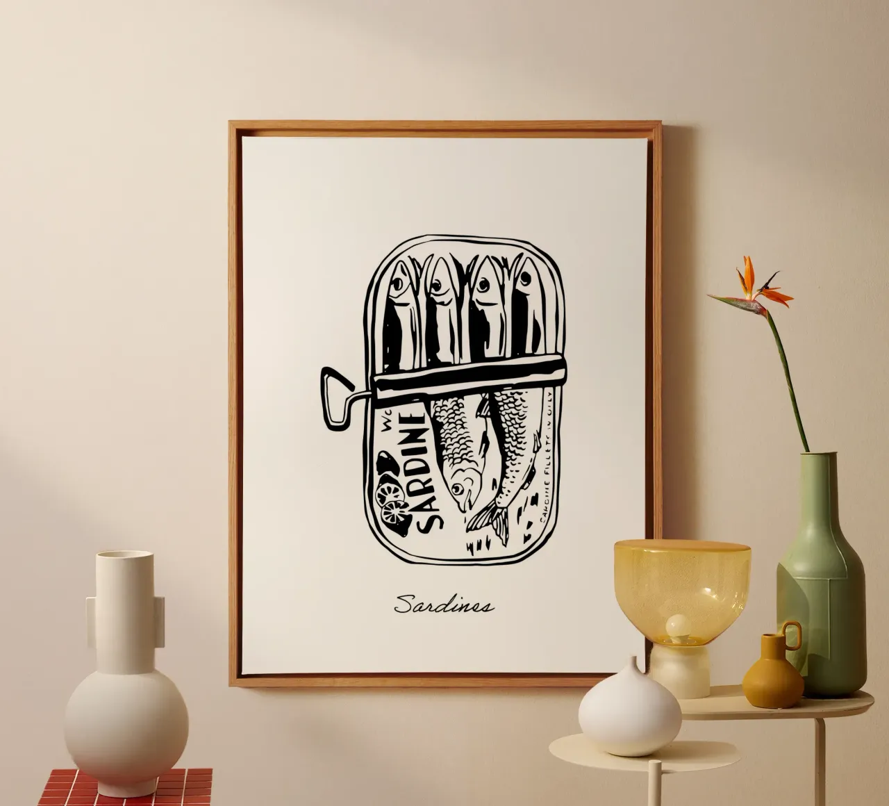 Sardientjes in blik, tekening zwart-wit canvas met Baklijst van Peaches Art Prints