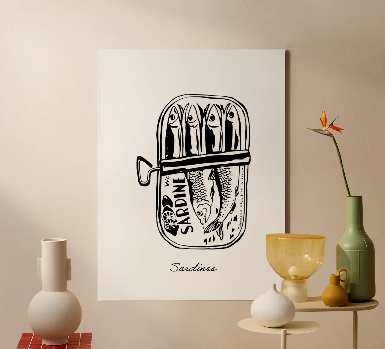 Sardientjes in blik, tekening zwart-wit canvas met Baklijst van Peaches Art Prints