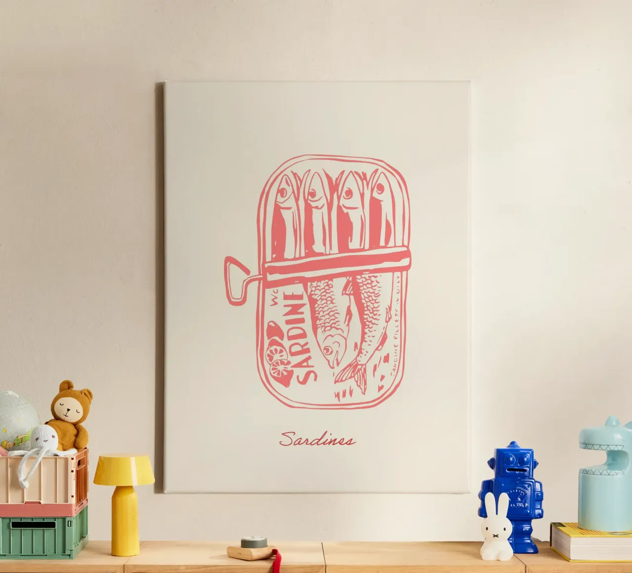 Sardines in blik, Roze Tekening canvas met Baklijst van Peaches Art Prints