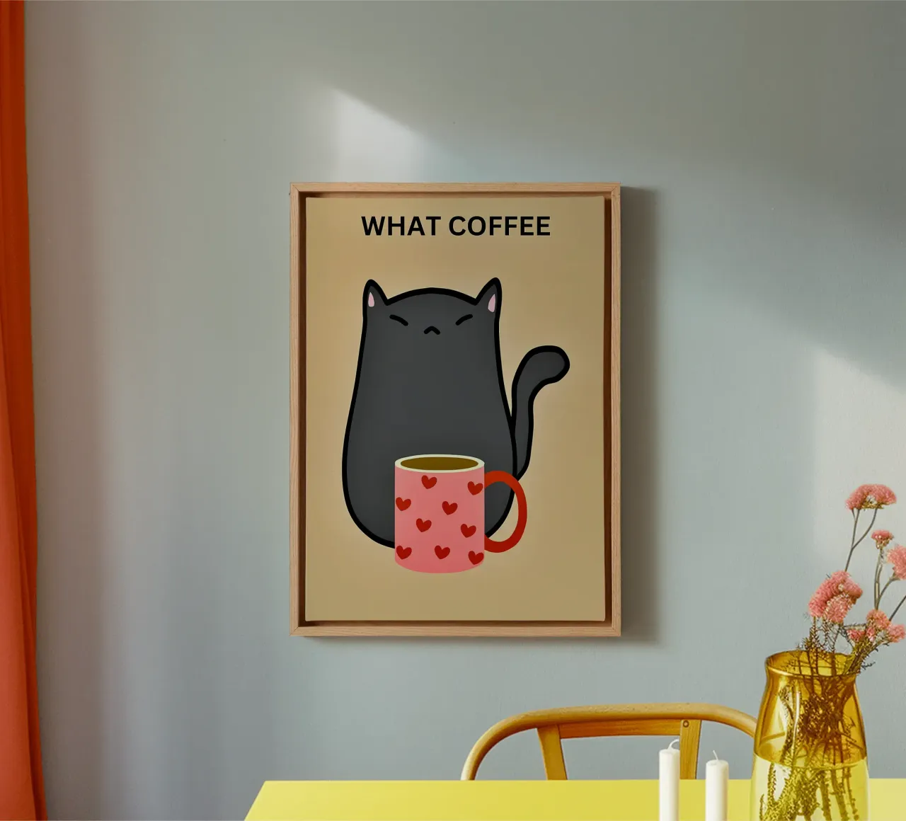 Gatto nero con caffè tela con Cornice a cassetta da Bartosz Powalka