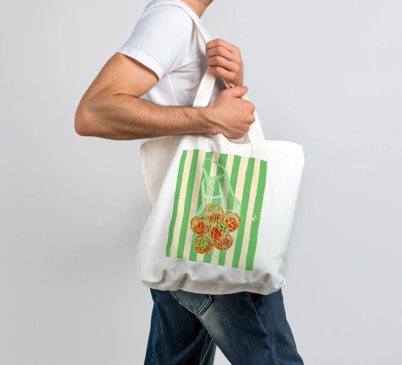 Grüne Retro-Streifen Kakis in Netztasche Jutebeutel von EDMPROJECT