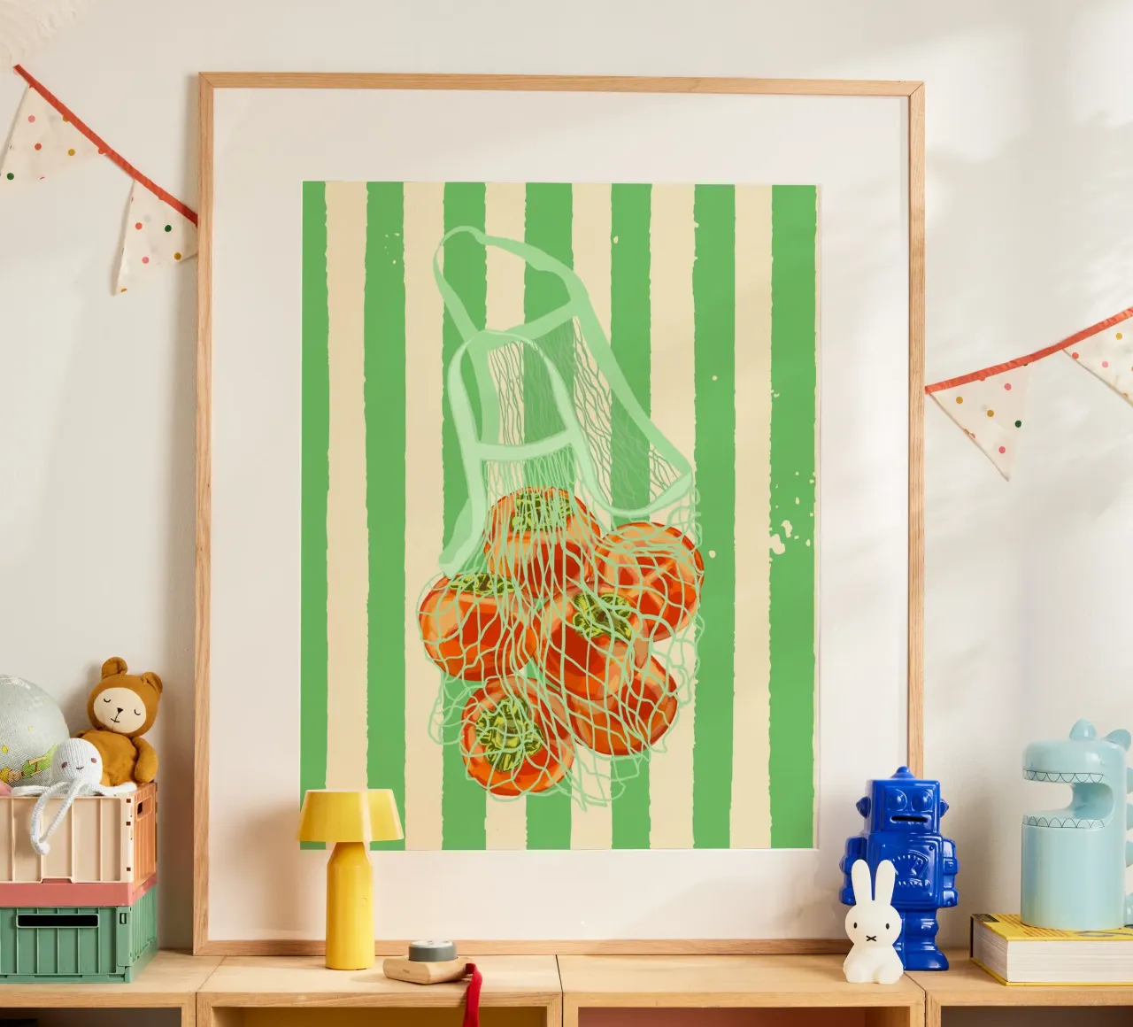 Kaki rétro à rayures vertes dans un sac en filet poster de EDMPROJECT