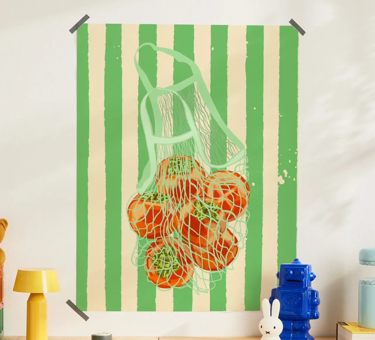 Kaki rétro à rayures vertes dans un sac en filet poster de EDMPROJECT