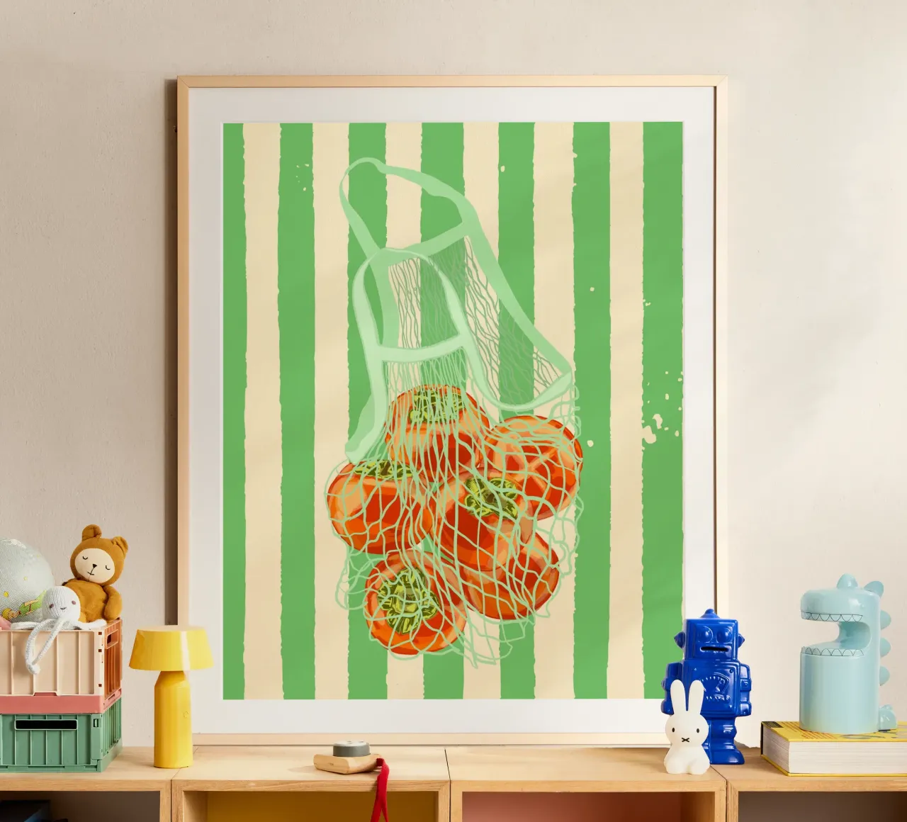 Kaki rétro à rayures vertes dans un sac en filet poster de EDMPROJECT