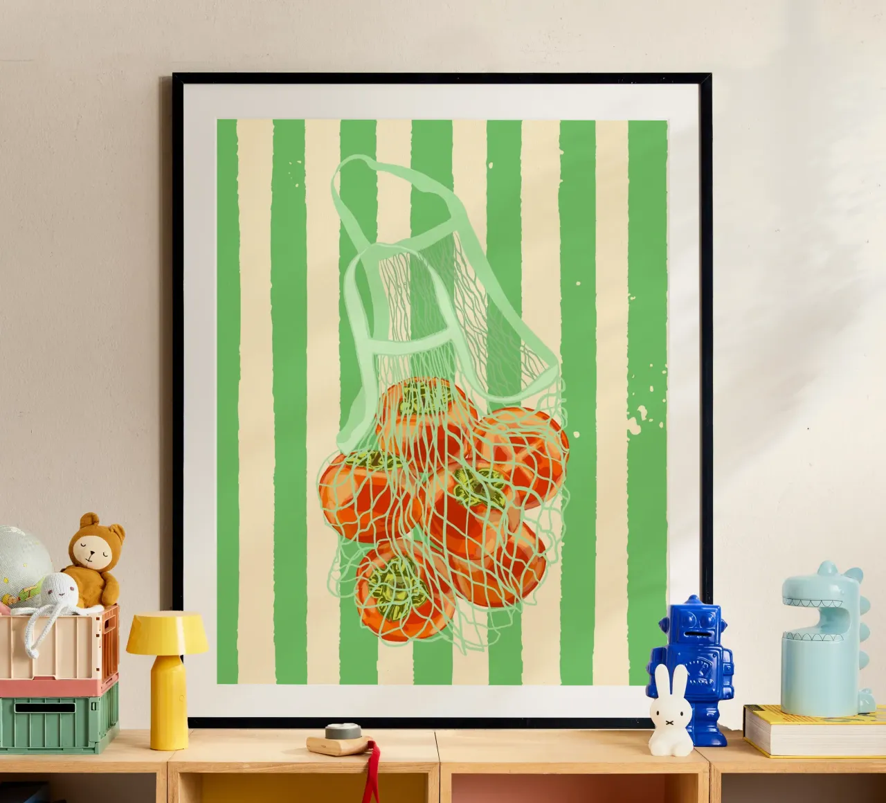 Kaki rétro à rayures vertes dans un sac en filet poster de EDMPROJECT