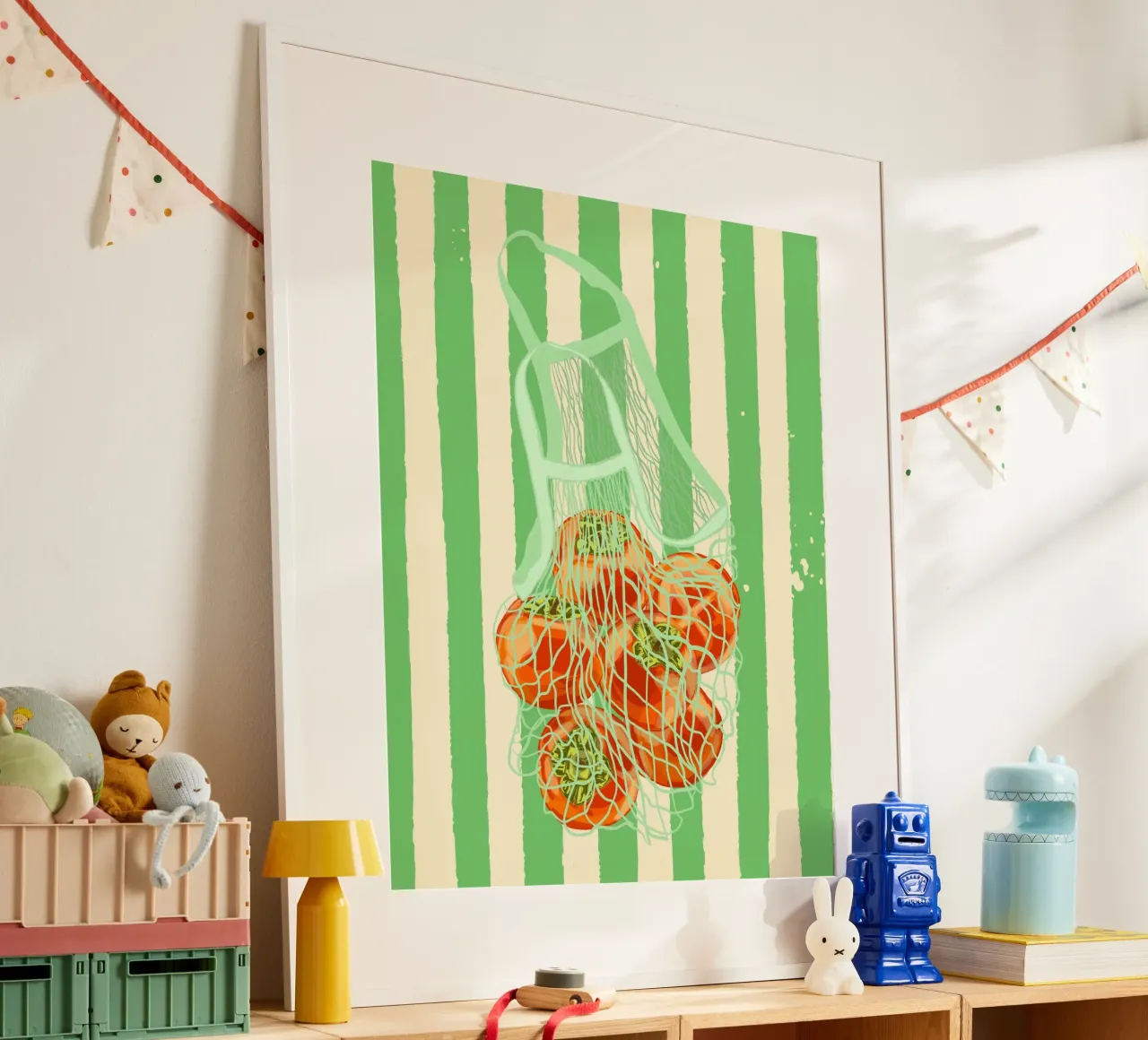 Kaki rétro à rayures vertes dans un sac en filet poster de EDMPROJECT