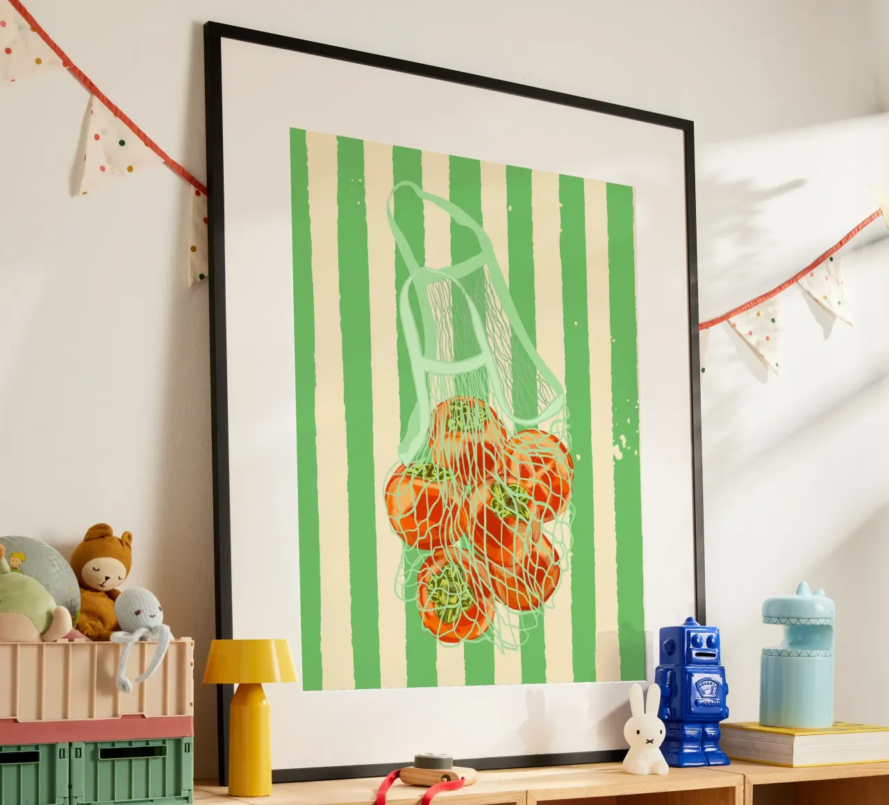 Kaki rétro à rayures vertes dans un sac en filet poster de EDMPROJECT