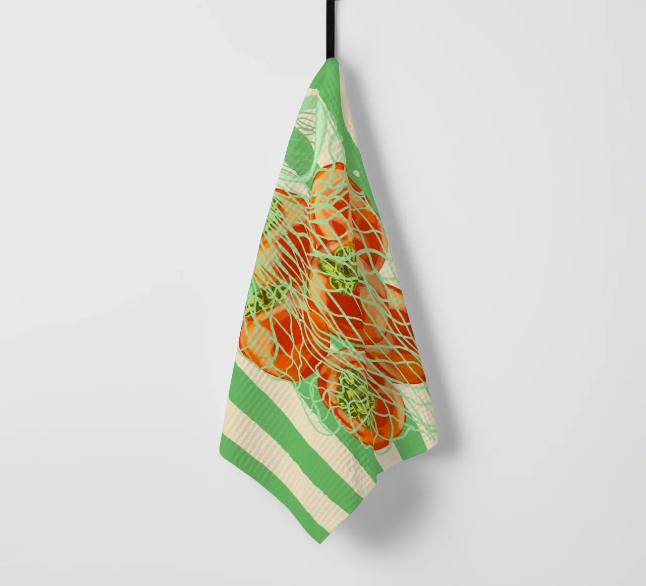 Kaki rétro à rayures vertes dans un sac en filet torchon de EDMPROJECT