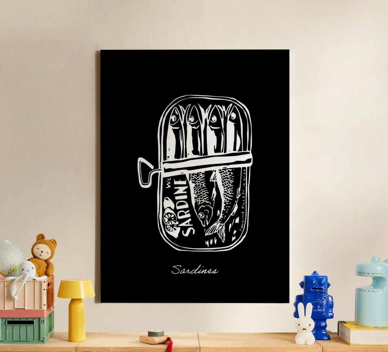 Sardines in blik, wit en zwart Tekening canvas van Peaches Art Prints