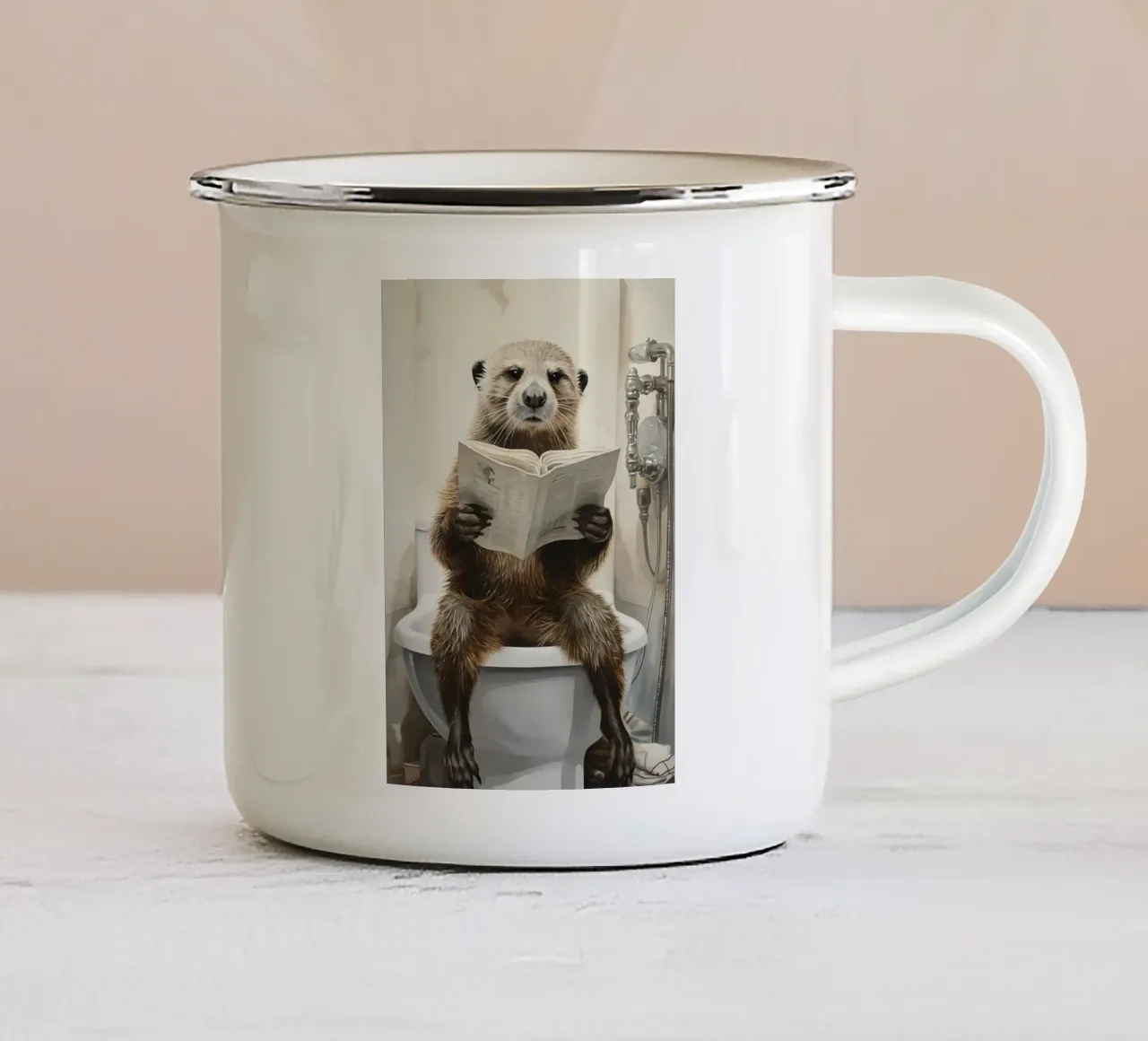 Otter on toilet enamel mug by Adrian Patel