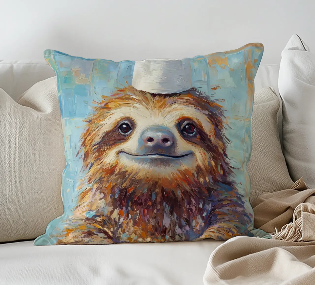 Sloth with Toilet Paper Hat decorative cushion by Adrian Patel