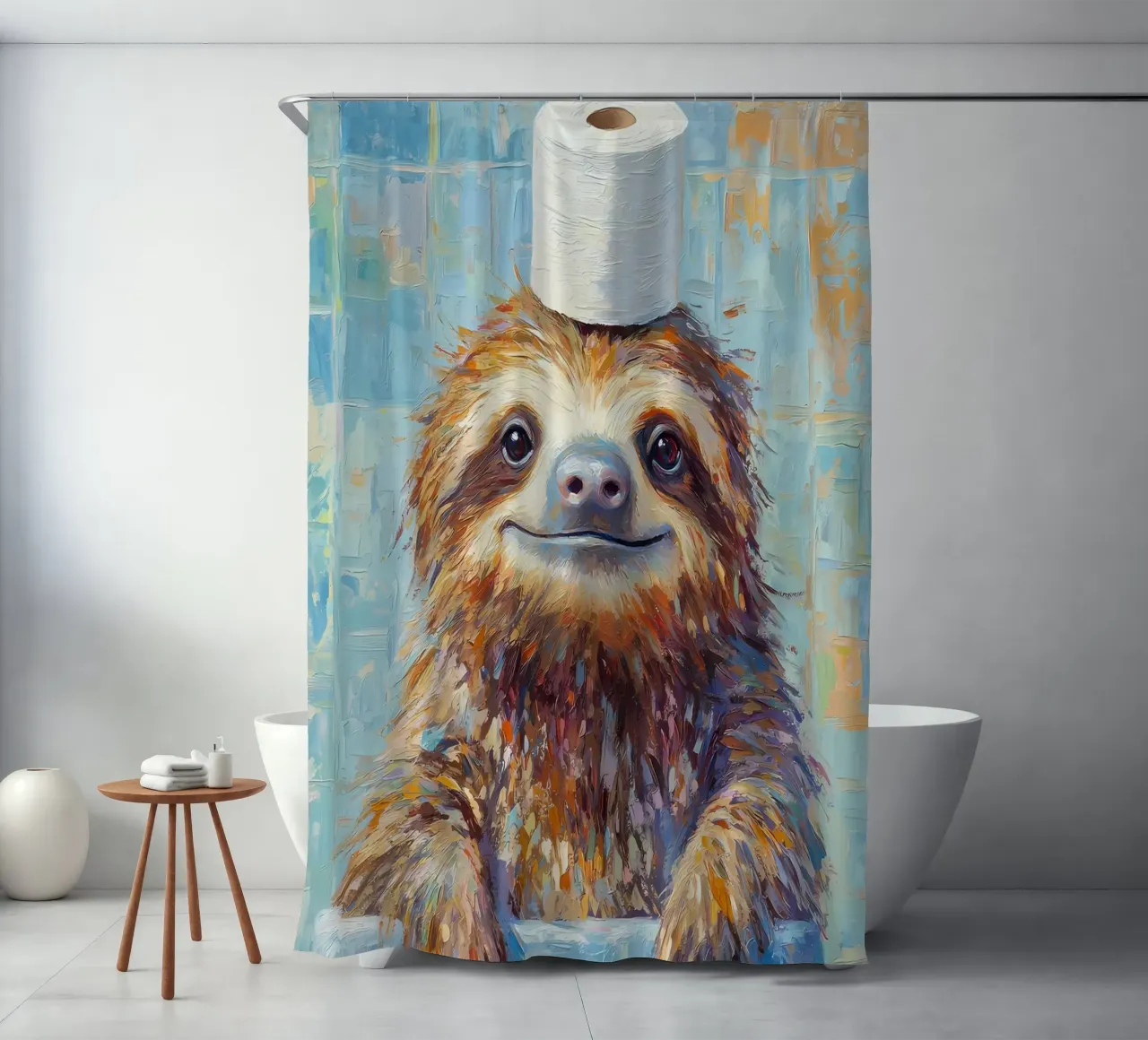 Sloth with Toilet Paper Hat shower curtain by Adrian Patel