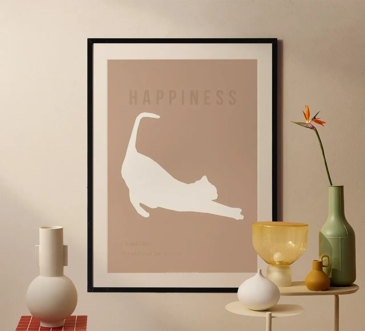 LA FELICITÀ È AVERE UN GATTO poster con telaio in legno da Bartosz Powalka