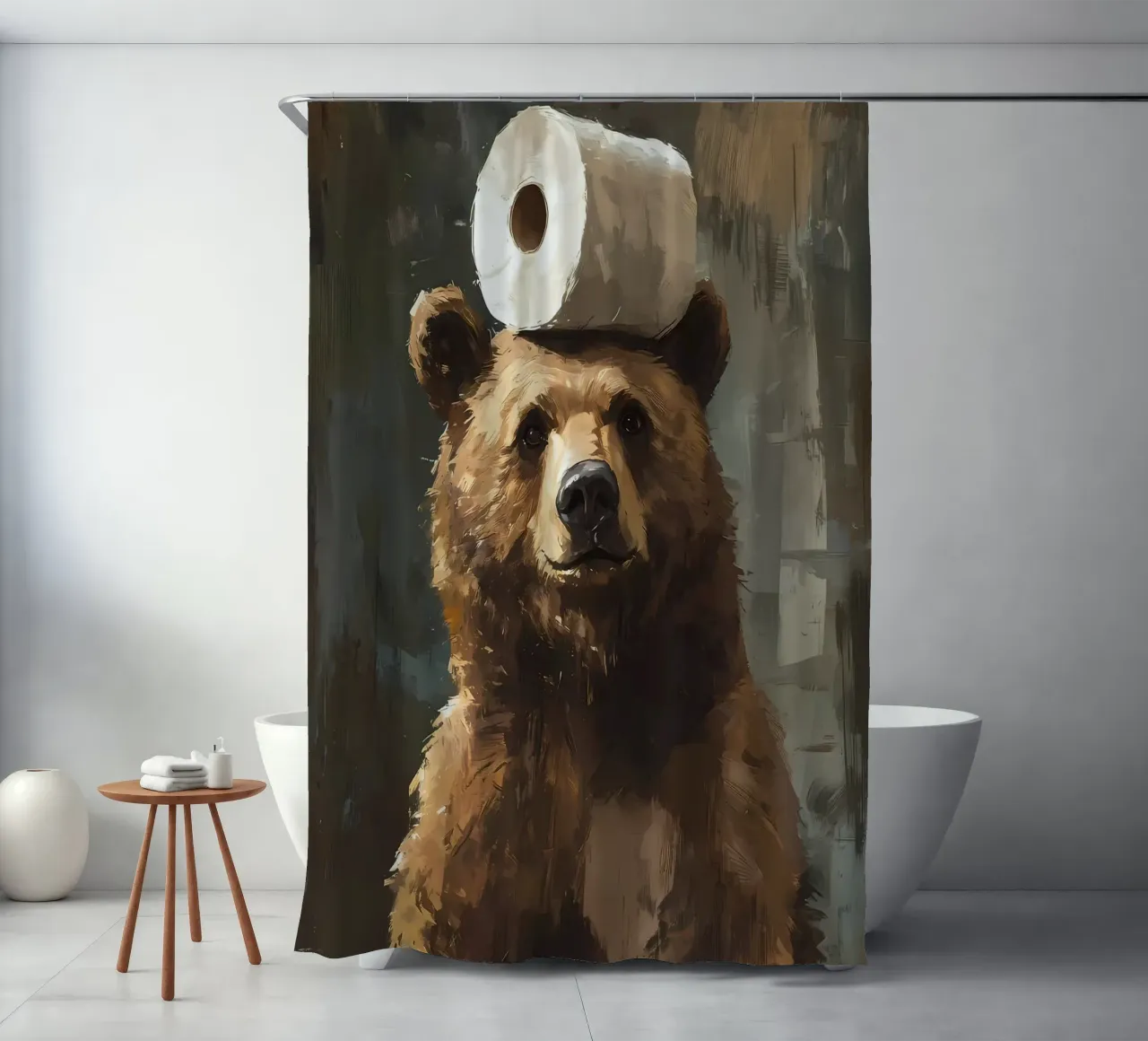 Bear with Toilet Paper shower curtain by Adrian Patel