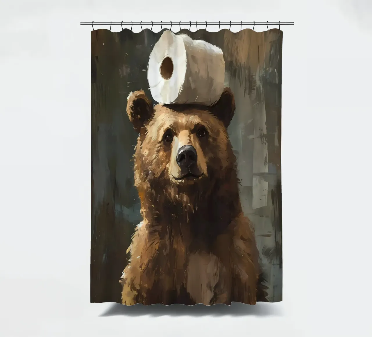 Bear with Toilet Paper shower curtain by Adrian Patel