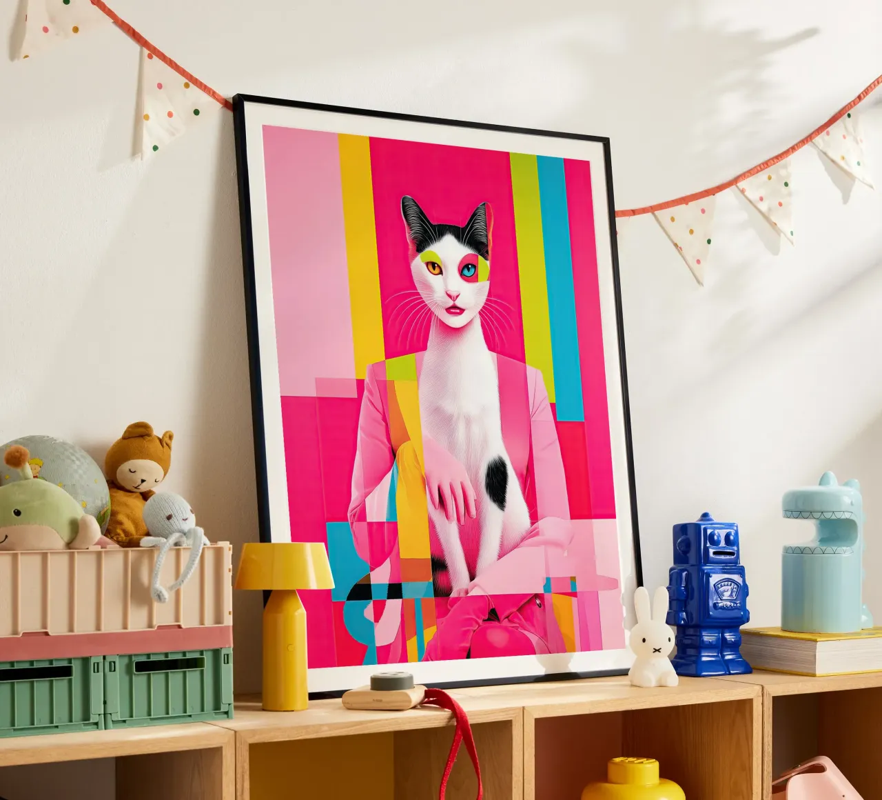 Karma Is A Cat | Pittura surreale di un gatto poster con telaio in plastica da Autofocus