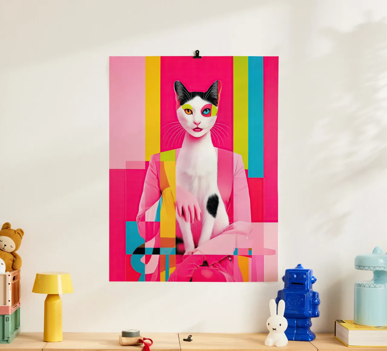 Karma Is A Cat | Pittura surreale di un gatto poster con telaio in plastica da Autofocus